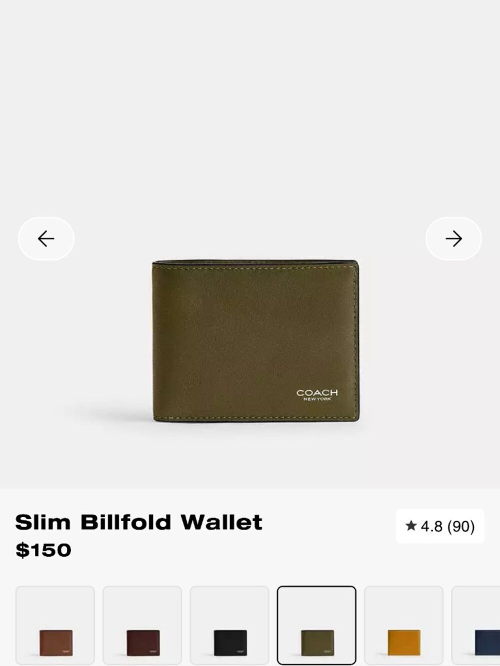 Coach Leather Slim Billfold Wallet in Olive